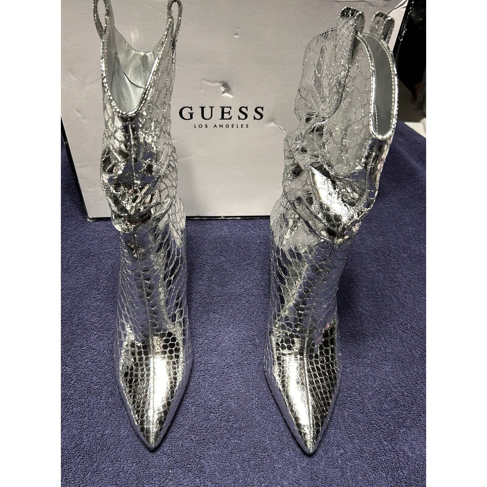 GUESS Women's Silver Benisa‎ Pointy Toe Western Heeled Scrunch Booties 7 M